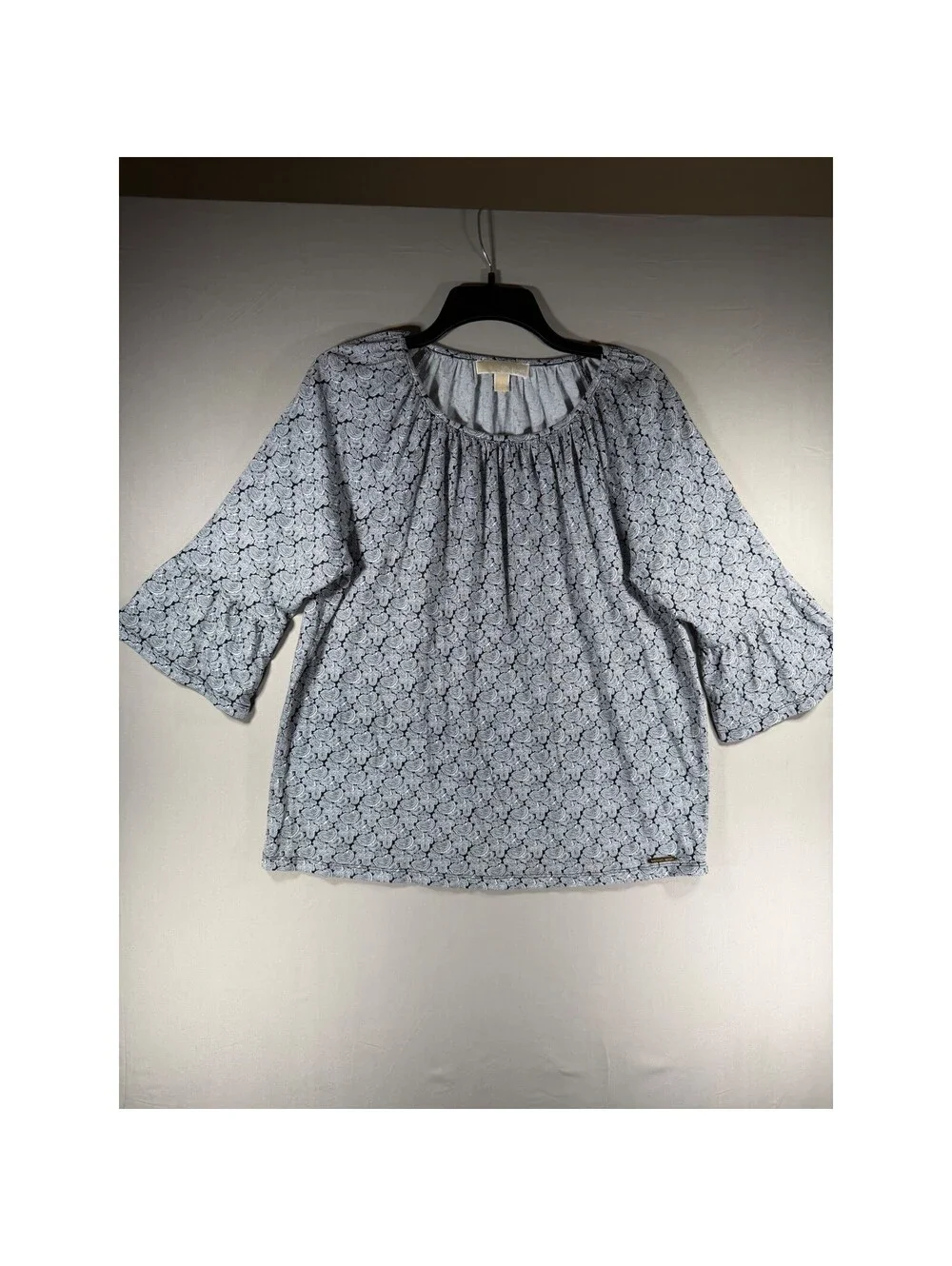Michael Kors Womens Paisley Print 3/4 Bell Sleeve Blouse Black White Large